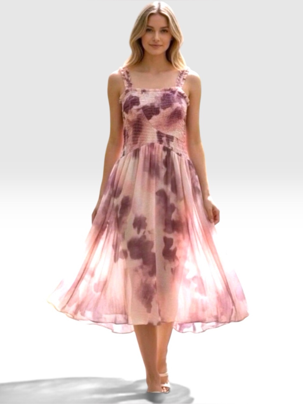 Free People x REVOLVE Tessa Smocked
Midi Dress in colorway Soft
Combo Size: S